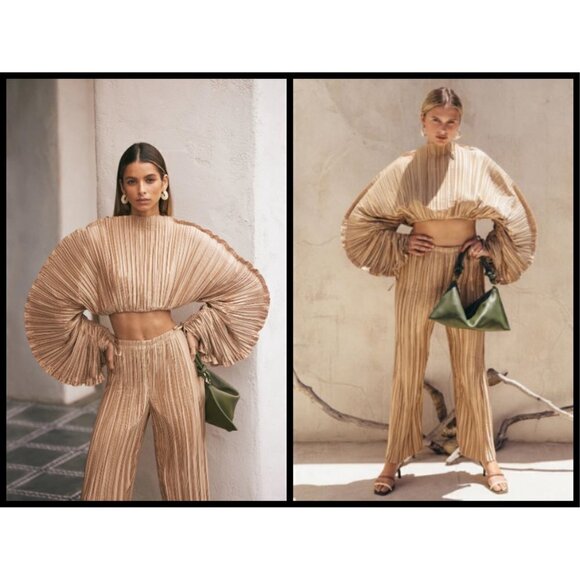 💕CULT GAIA💕 Kersti Pleated High Rise Satin Pants ~ Light Camel Medium M NWT - Picture 2 of 16